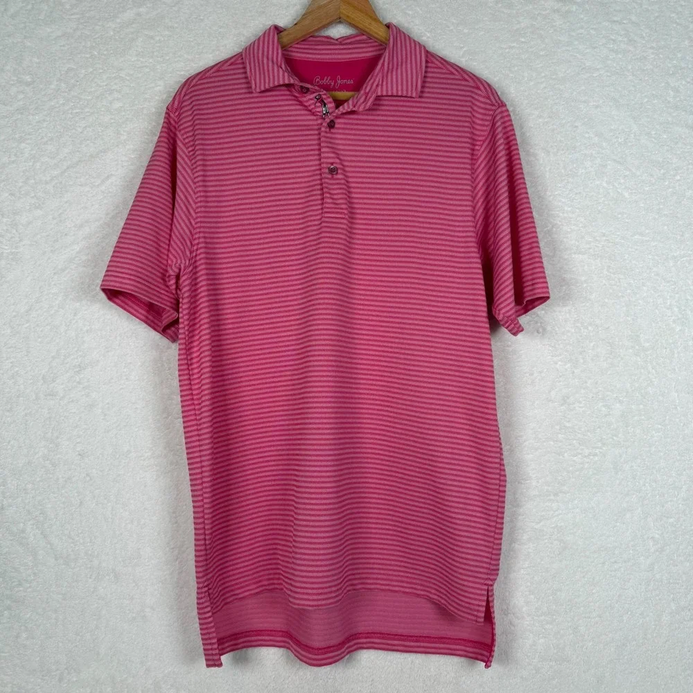 Bobby Jones Polo Shirt Mens Medium Pink Striped Short Sleeve Golf Performance
